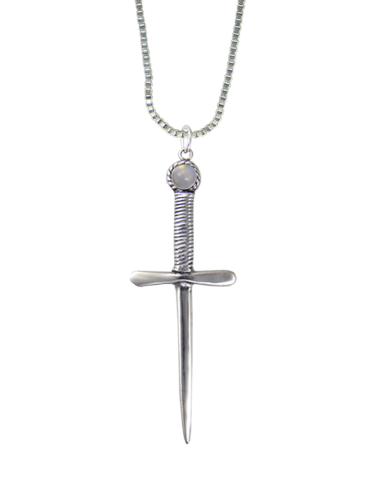 Sterling Silver Queen's Protector Knife Dagger Pendant With Rainbow Moonstone